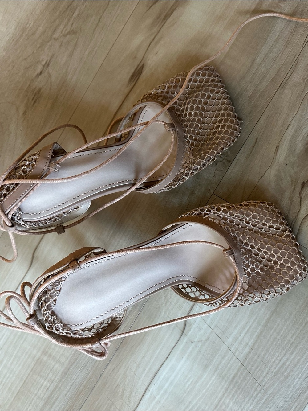 Lace-Up Mesh Square-Toe Heels in Nude
